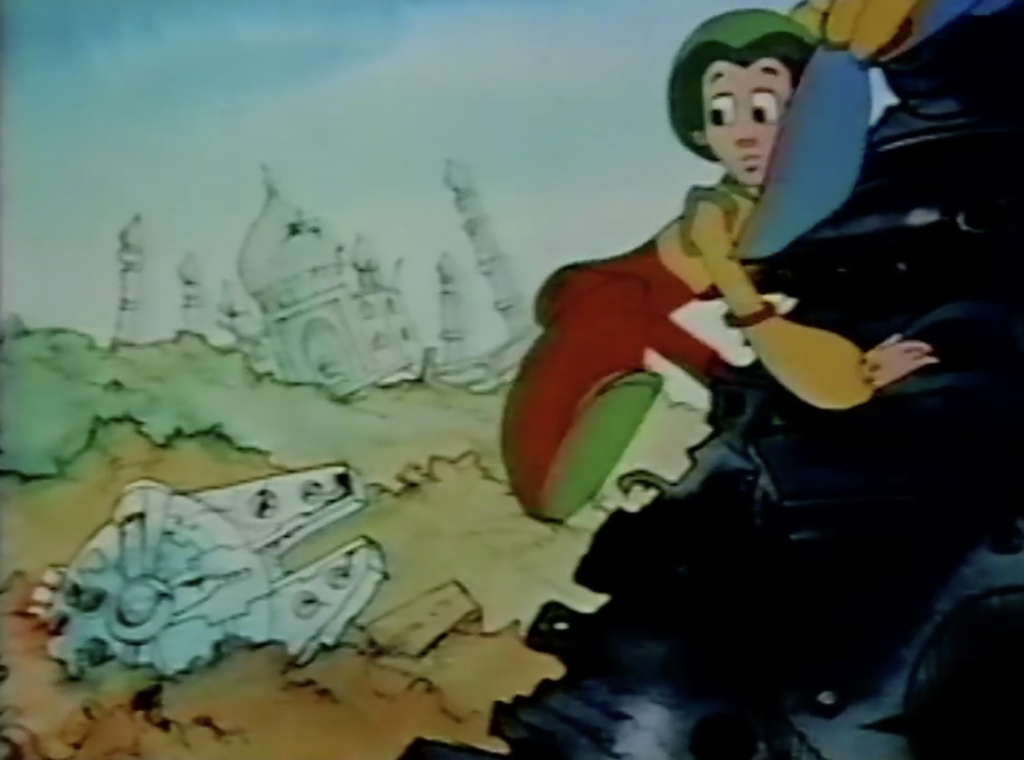 Screenshot from Romie-O and Julie-8 showing a ship like the Millennium Falcon in a scrap heap on the planet of junk, Trash-O-Lot.