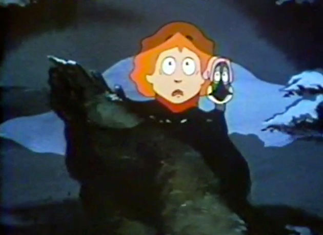 Peter and Lucy watch from behind a tree stump.